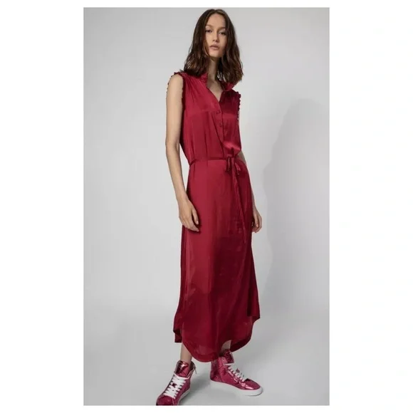 Zadig & Voltaire Feminine Lightweight Raos Satin Ruffle Midi Dress In Wine XS - Picture 1 of 16